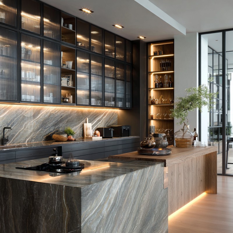 Aluminum Frame Glass Kitchen Cabinets